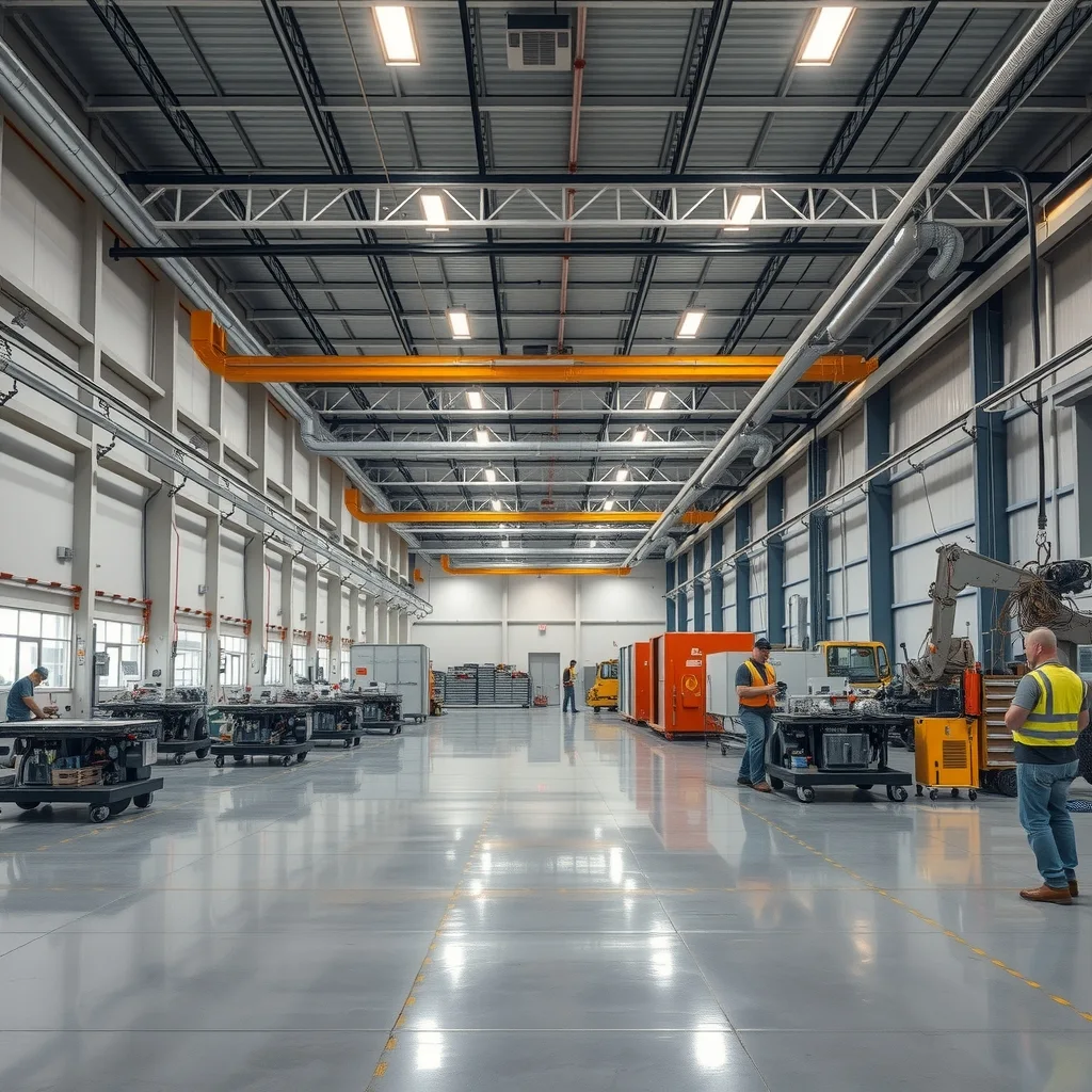 Interior of a serviced light-industrial manufacturing hall with overhead services and empty machine bases