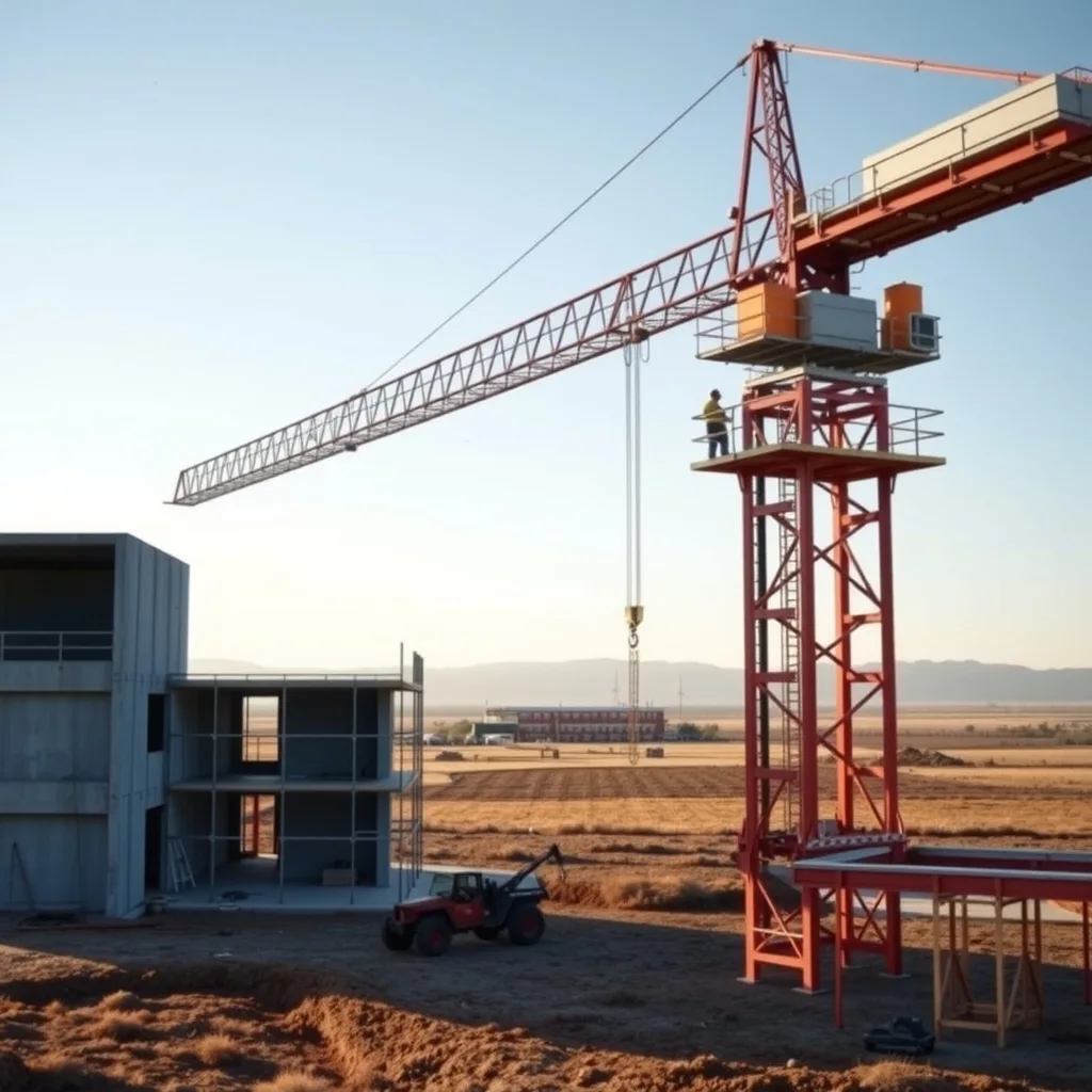 A tower crane above a part-built commercial building on a flat greenfield site west of Sydney at dusk