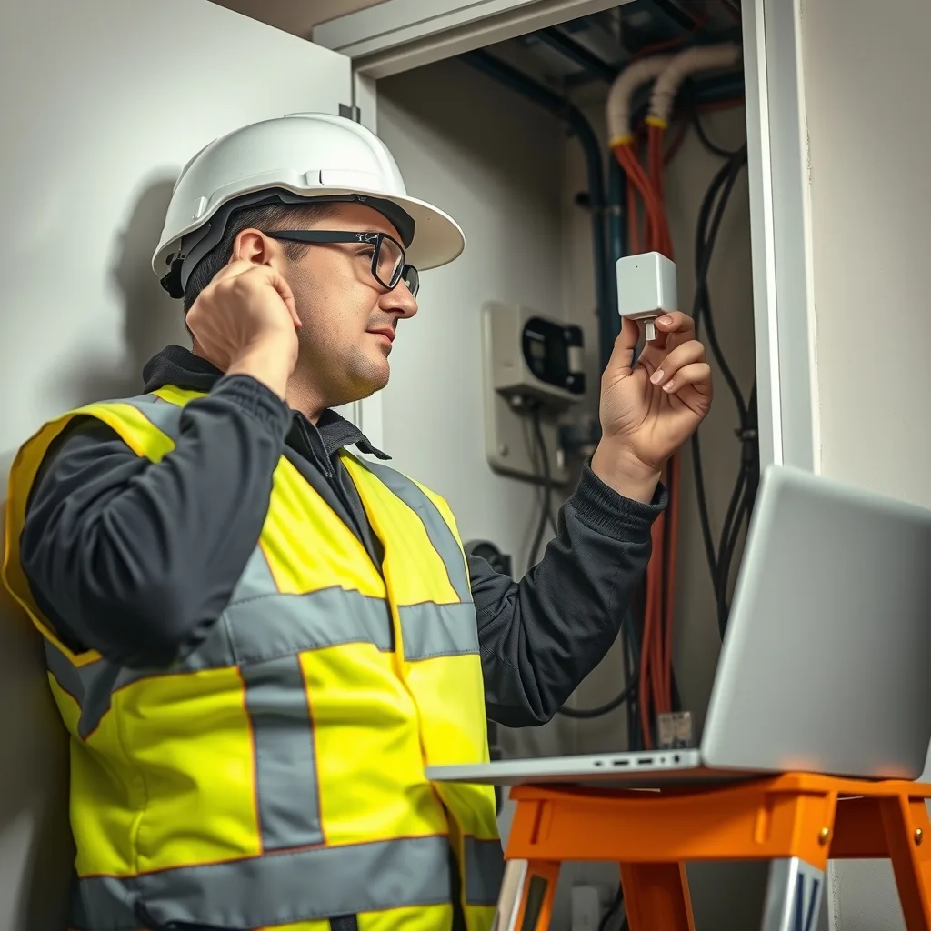 Technician in high-vis installing a sensor and data cable in a commercial building services cupboard