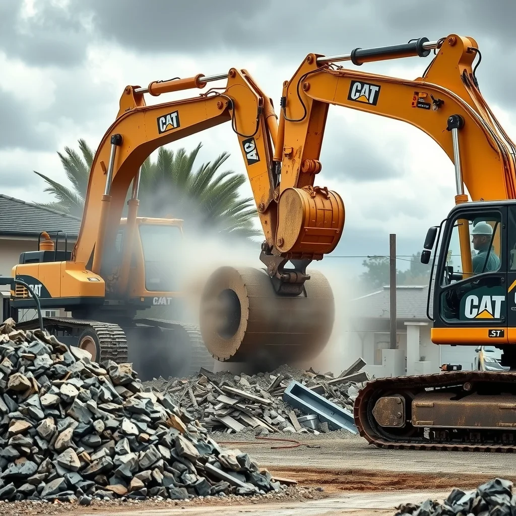 Excavator with a pulveriser attachment breaking up a concrete slab on a demolition site, with a stockpile of crushed concrete nearby