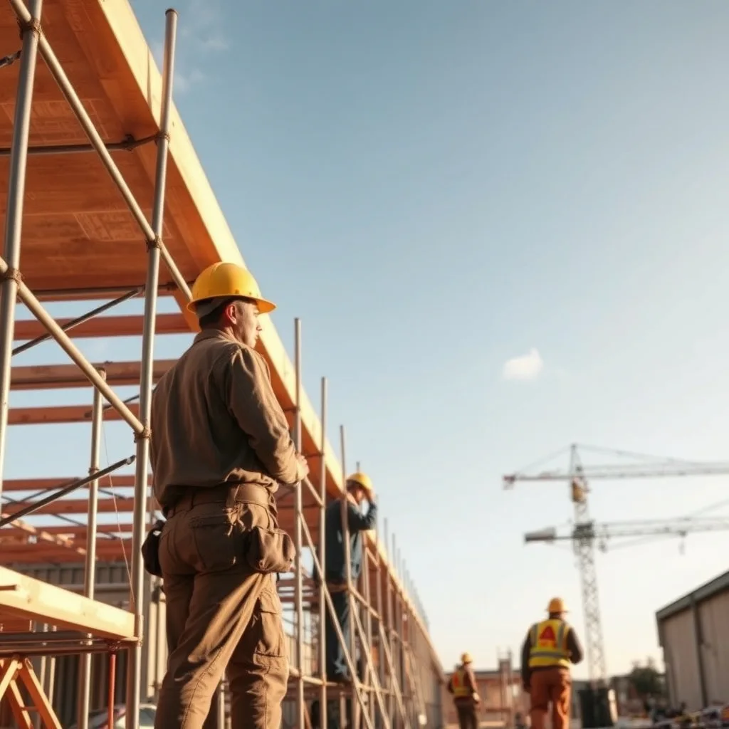 A busy Australian construction site with workers and scaffolding under a clear sky.