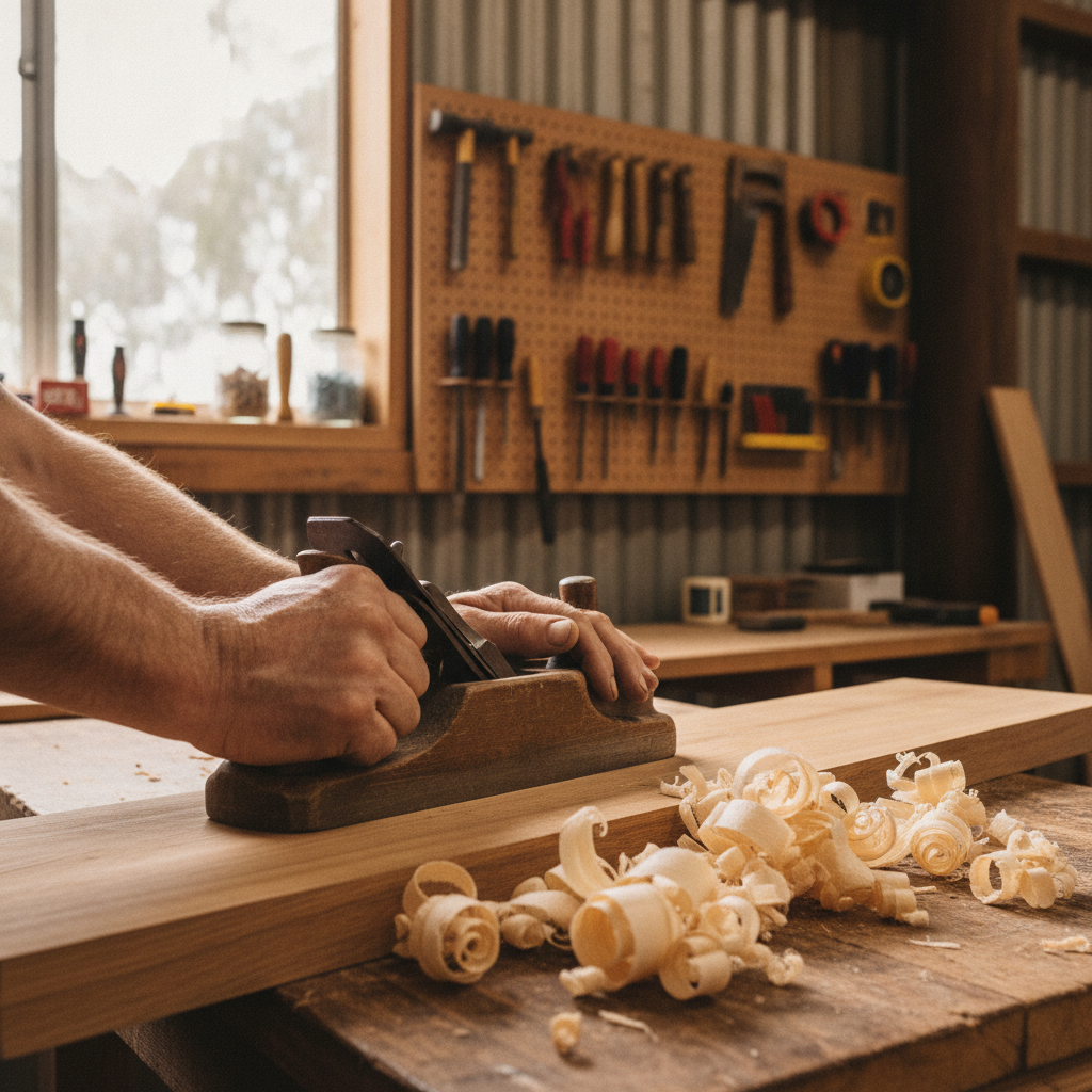Carpenter's hands planing a timber plank in an Australian workshop