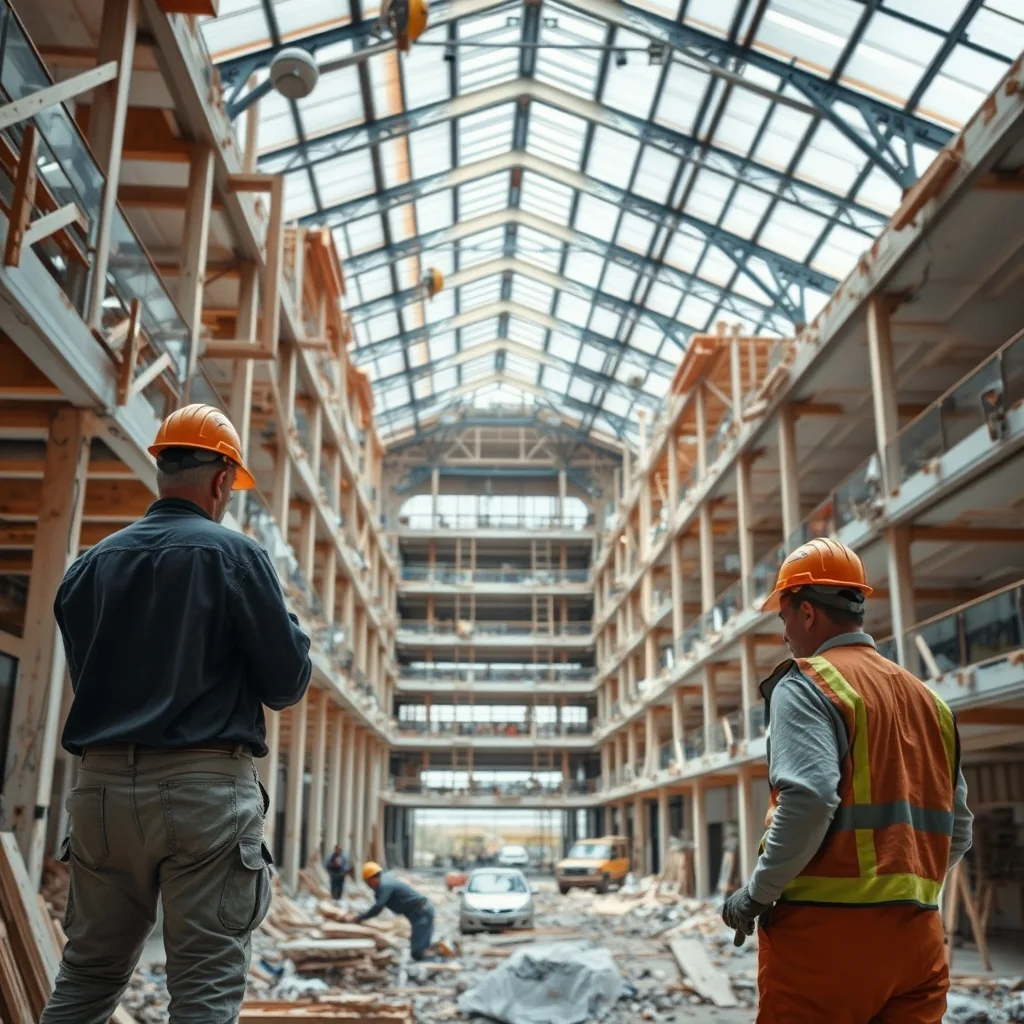 Interior of a large multi-level shopping mall with glass roof during demolition, showing stripped levels and exposed structural framework.