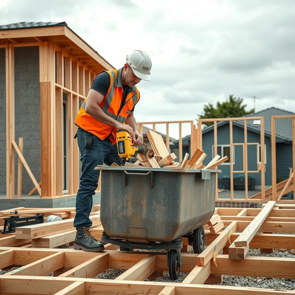 A trades assistant stacking timber offcuts into a waste bin on a partly framed house slab.