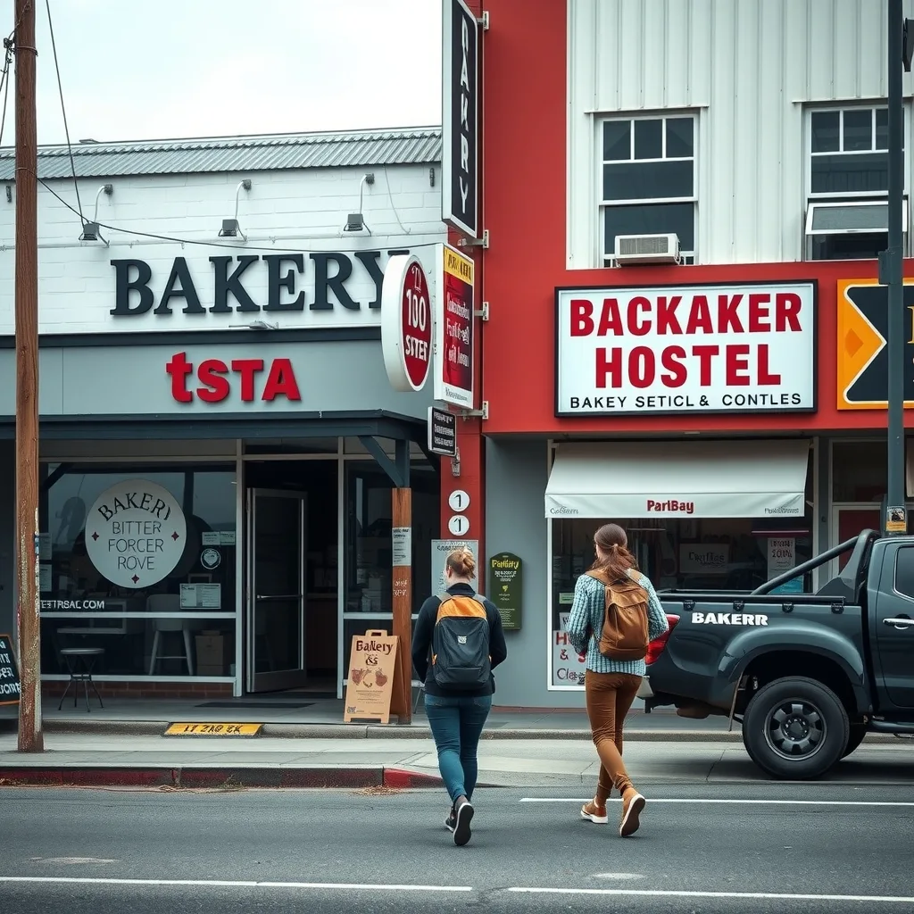 A regional Australian main street with a bakery and hostel shopfront and young travellers walking past.