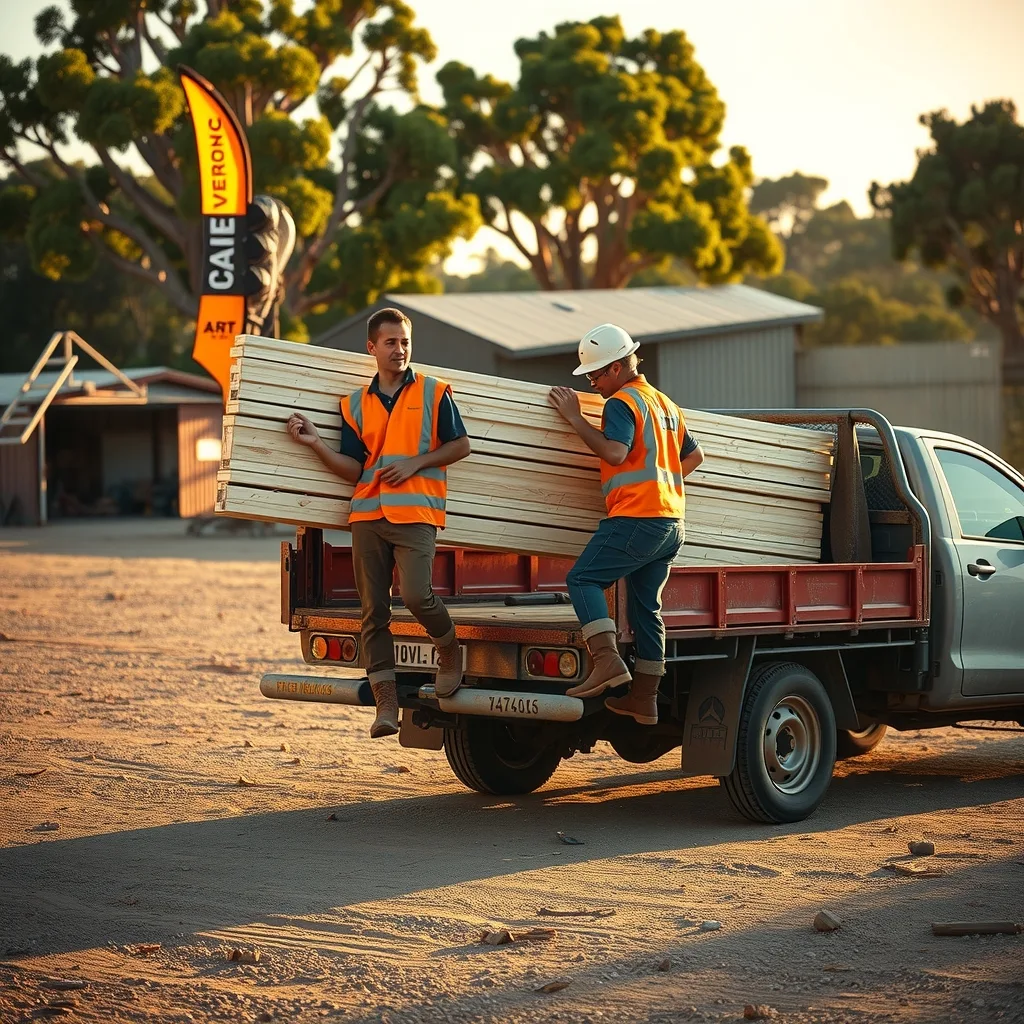 Young labourers in hi-vis lifting temporary fence panels from a ute tray on a dusty regional worksite at dawn.