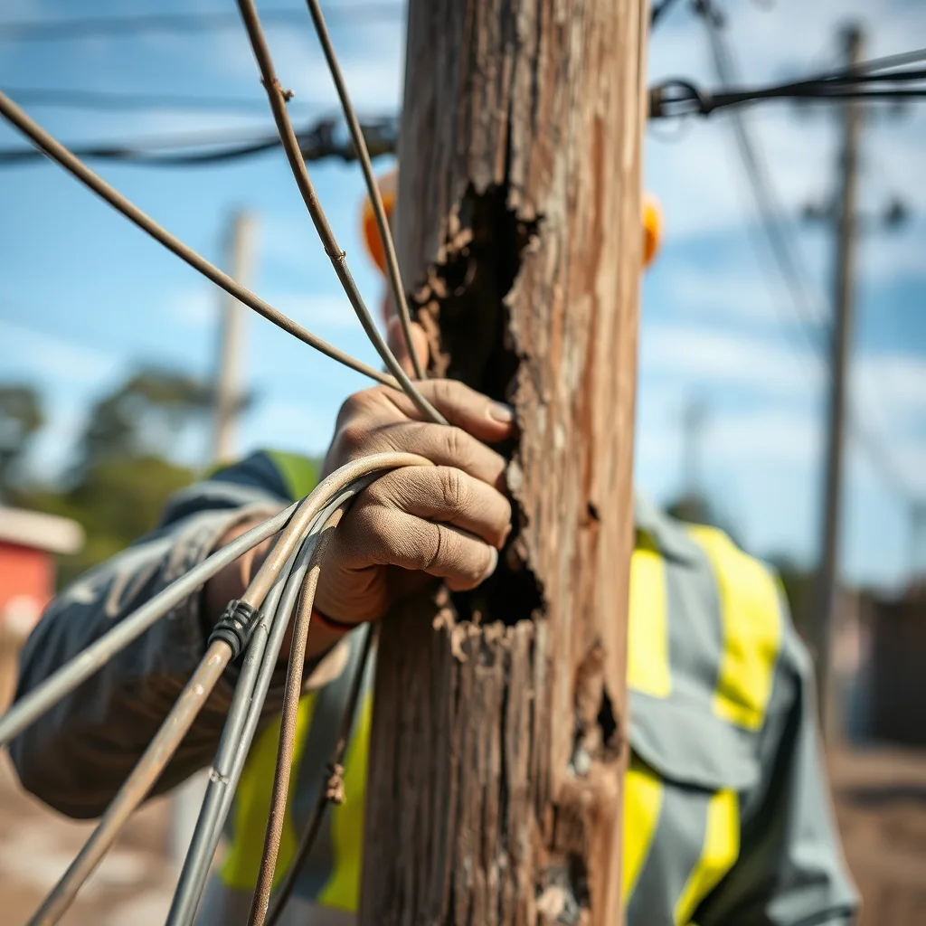 A damaged electrical pole with exposed wires and safety hazard markers in an outdoor public area.