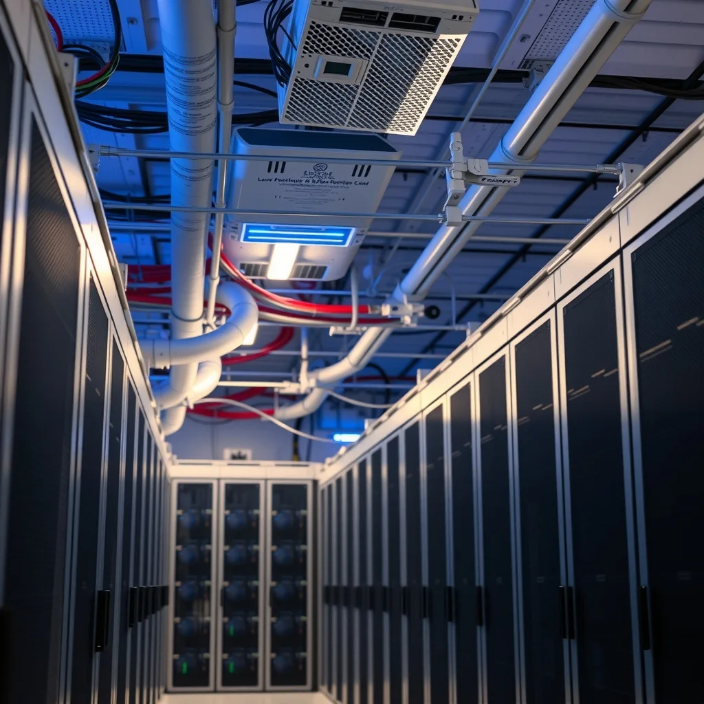 Rows of server racks with overhead busway in a commercial server room
