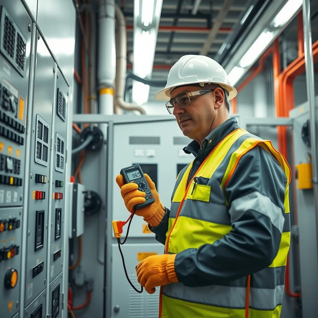 Electrician in hi-vis taking a meter reading at an open commercial main switchboard