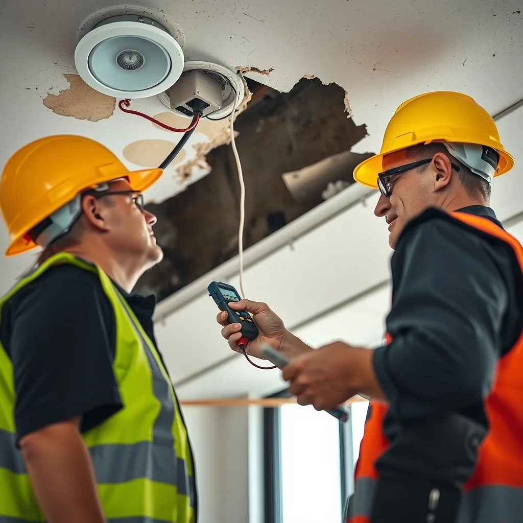 An electrician in hi-vis inspecting a water-damaged ceiling with a loose downlight fitting