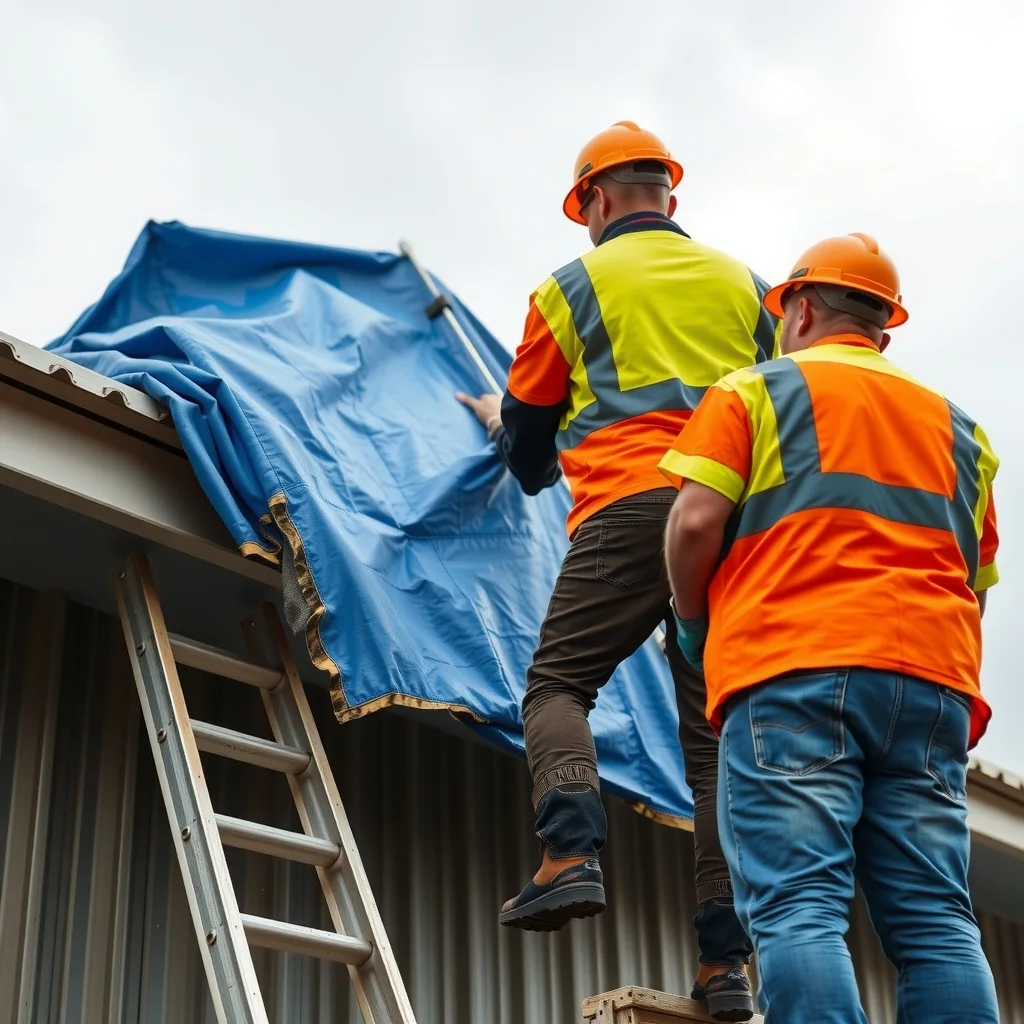 Tradespeople fastening a tarpaulin over a damaged metal roof on an Australian building
