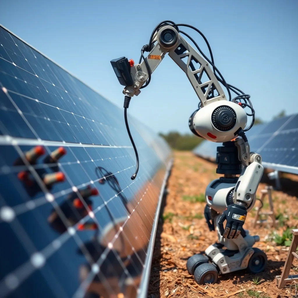 An automated solar cleaning robot operates across solar panels on an Australian renewable energy farm.