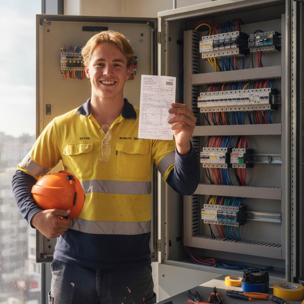 Young electrical apprentice smiling while holding a payslip