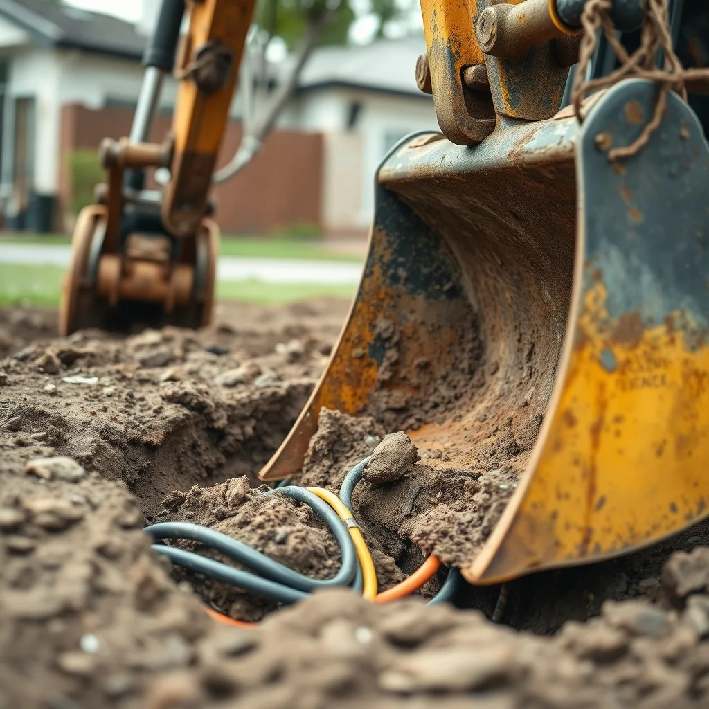 An excavator bucket poised above exposed underground cables and pipes during excavation work.