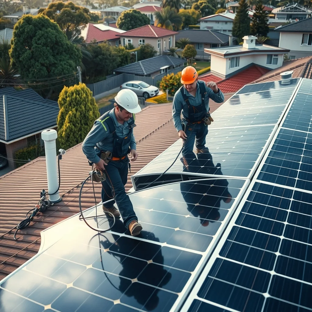 Two electricians installing solar panels on an Australian house roof