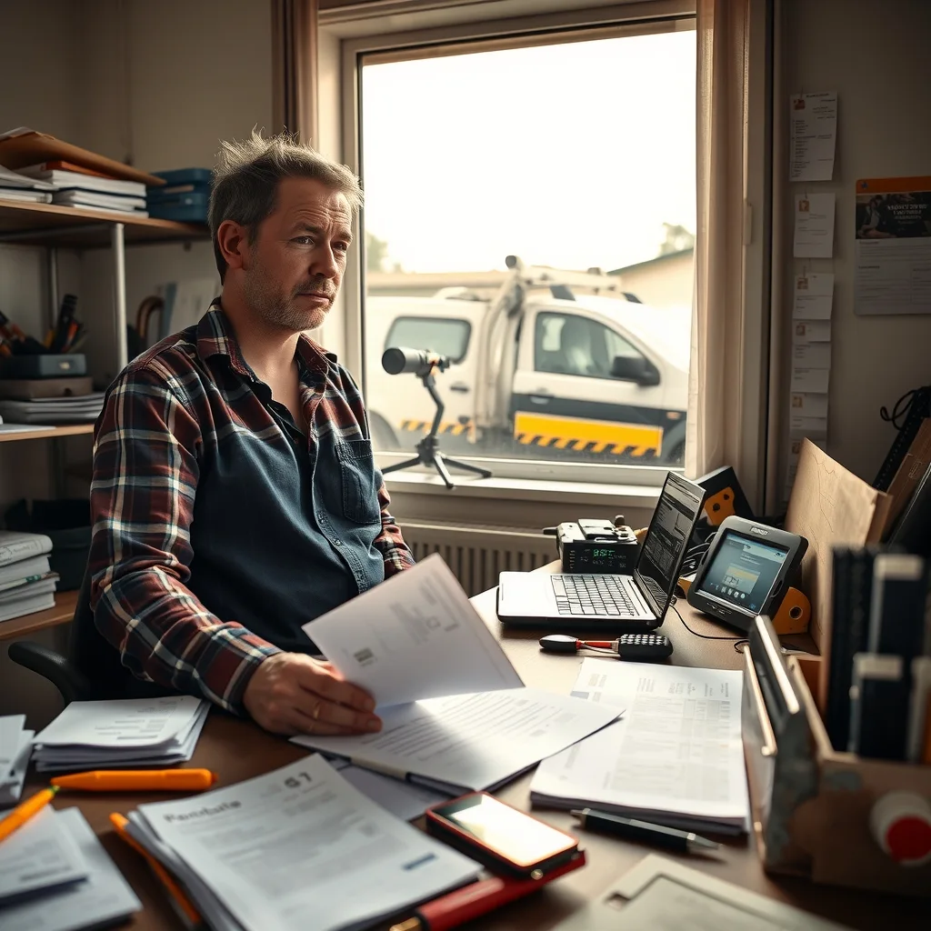 Small electrical business owner doing paperwork at a home office desk