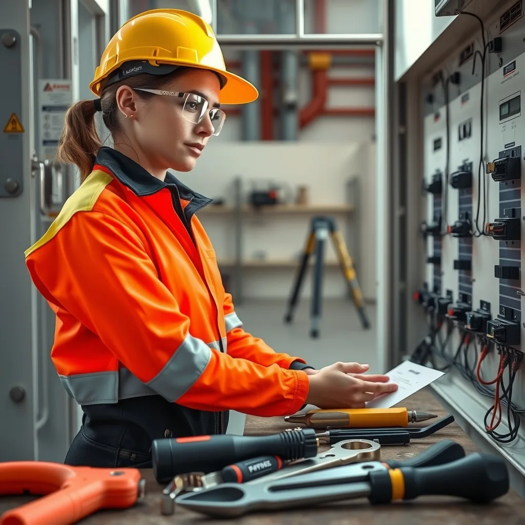 Apprentice electrician in hi-vis working at an open switchboard on an Australian site