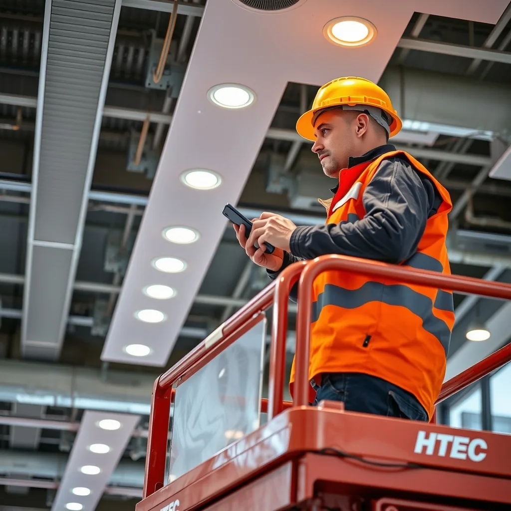Electrician on a scissor lift commissioning ceiling luminaires using a smartphone app
