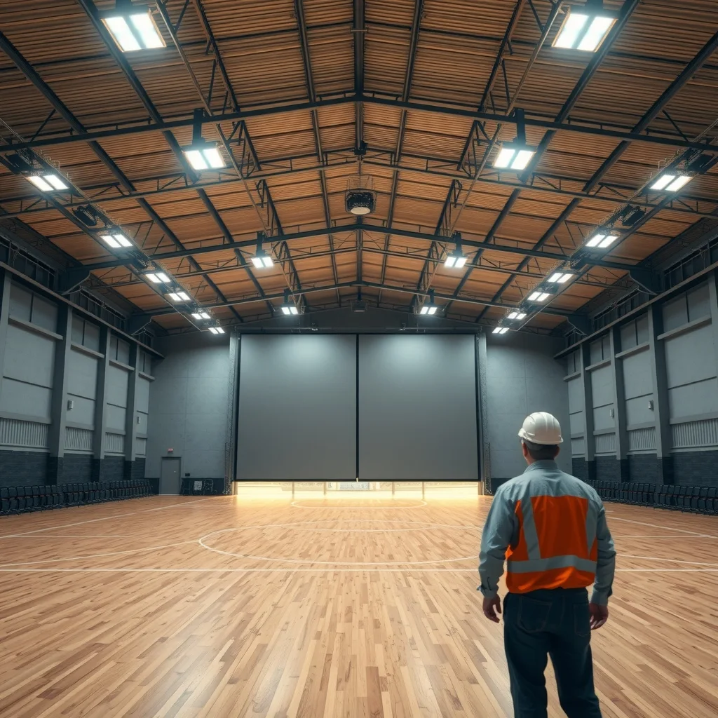 Sports hall split by a movable partition wall, with one half of the LED high-bay lighting brighter than the other