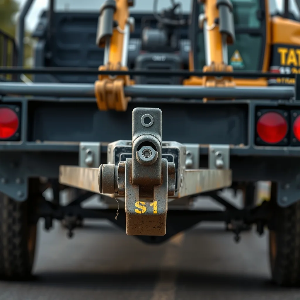 Tow hitch on a work ute connected to a plant trailer carrying a mini excavator