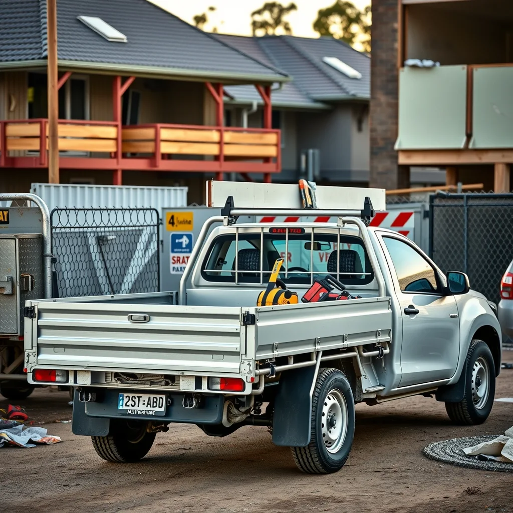 Dual-cab work ute with an aluminium tray parked at an Australian building site