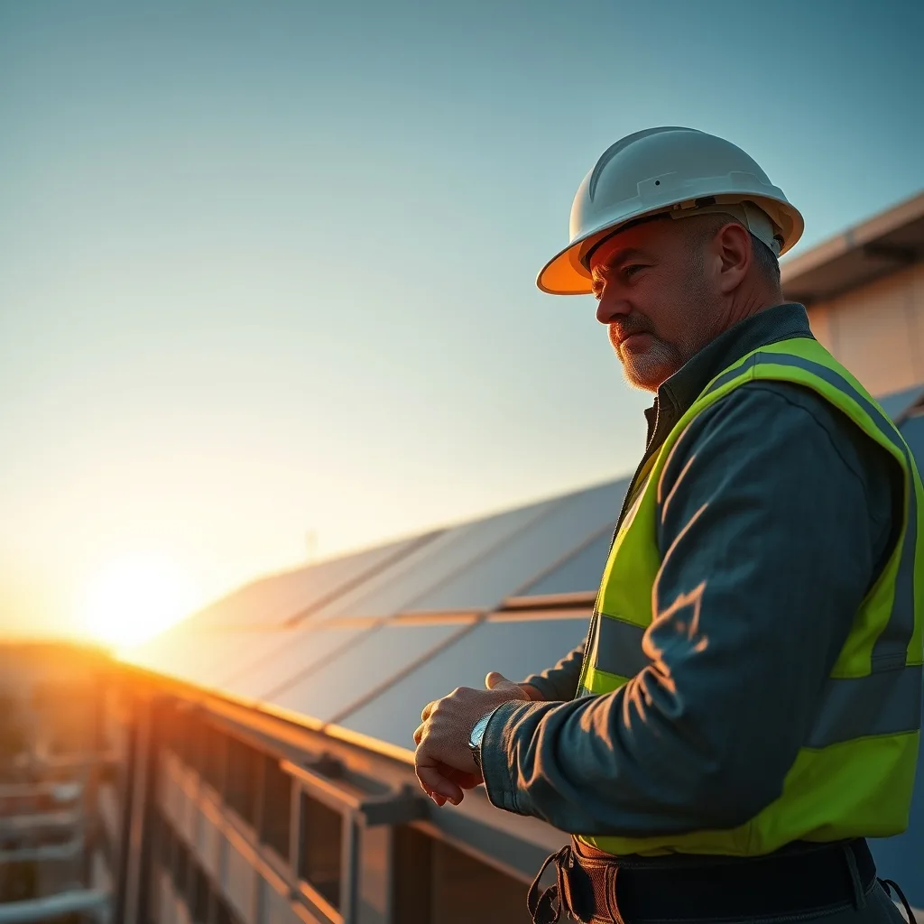 A modern commercial building rooftop covered in integrated solar panels at golden hour.