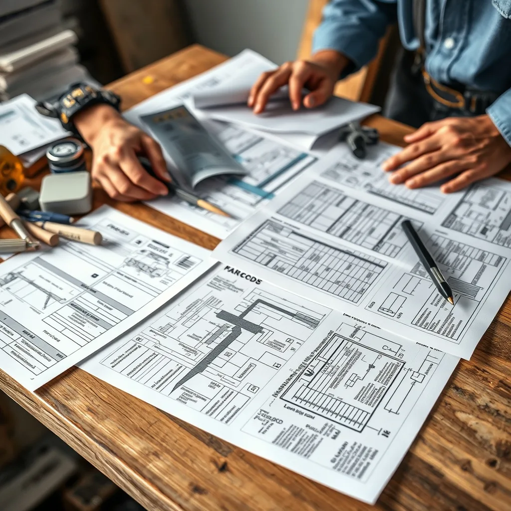 A builder's work table with scattered blueprints, building codes and construction standards documents.