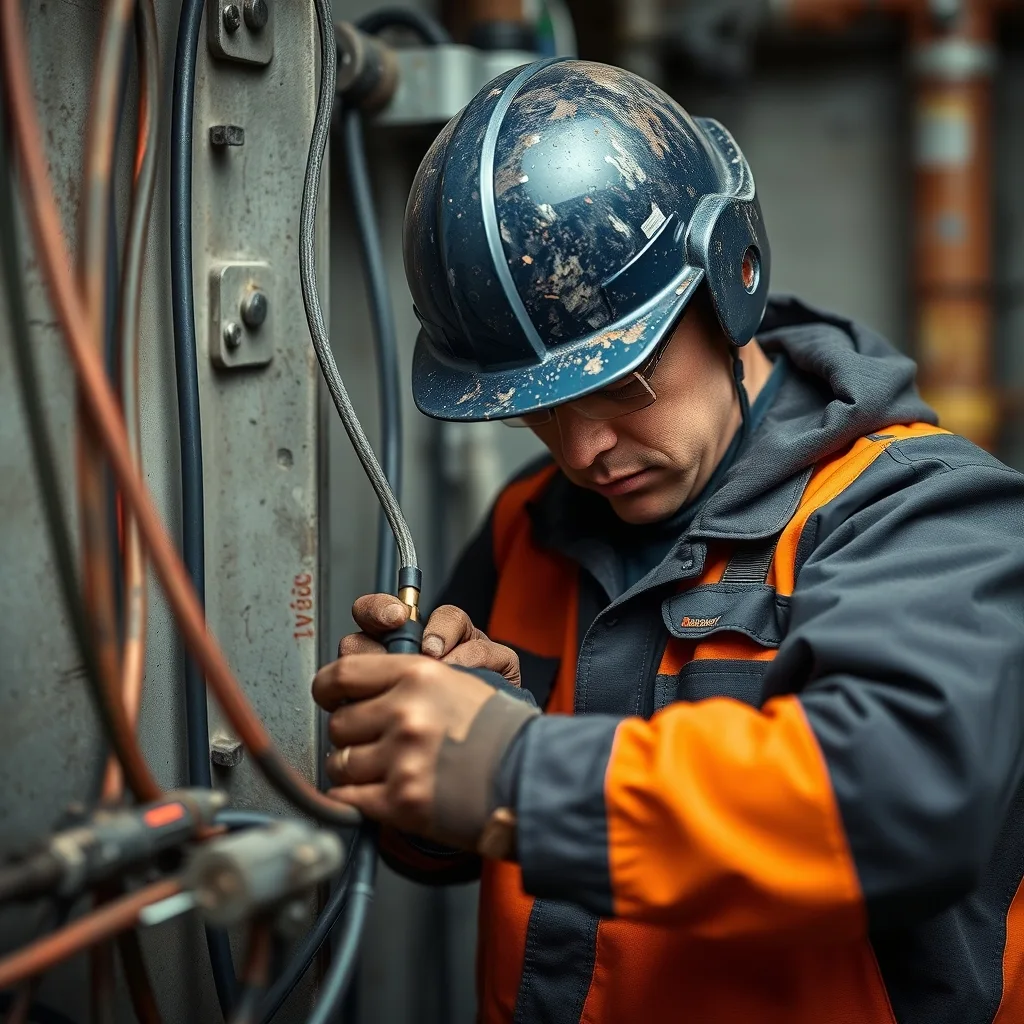 An electrician prepares a cable joint termination on site, working with electrical cable and shrink tubing.