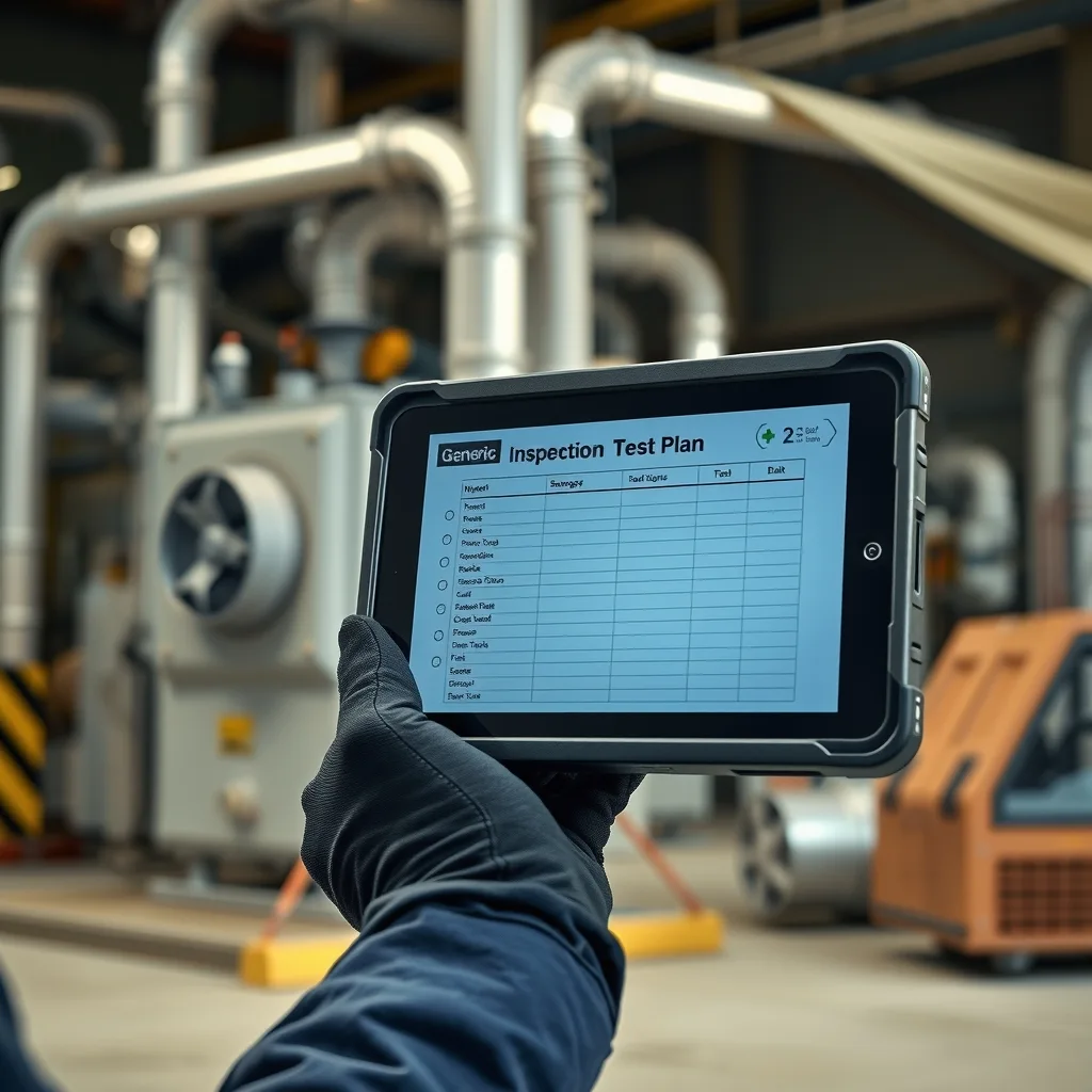 Gloved hand holding a rugged tablet with a construction inspection checklist on screen