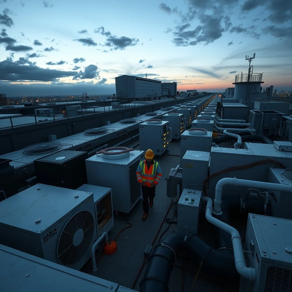Rooftop chillers and air handling units on a commercial building at dusk