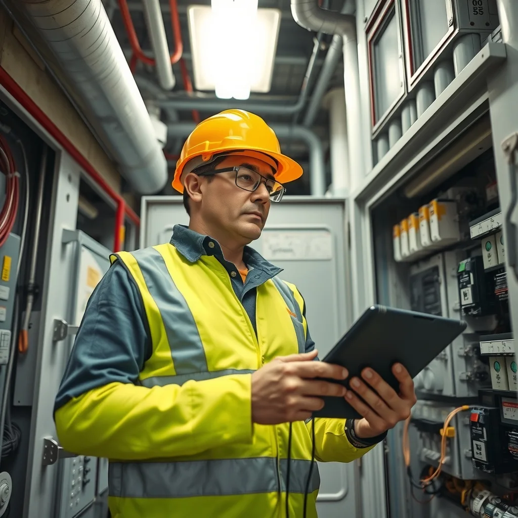 Electrician testing at an open switchboard in a commercial plant room with a tablet nearby