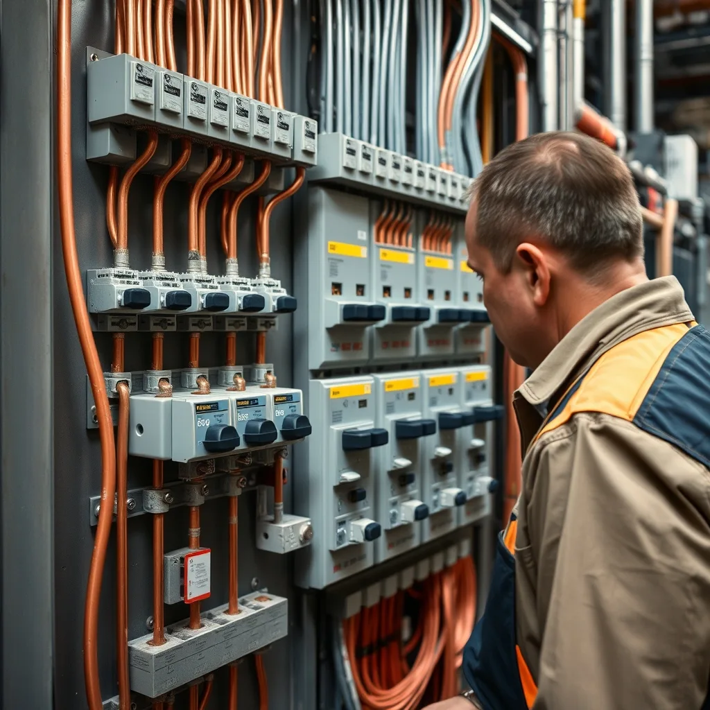 An electrical switchboard panel with copper busbars and circuit breakers in an industrial facility.