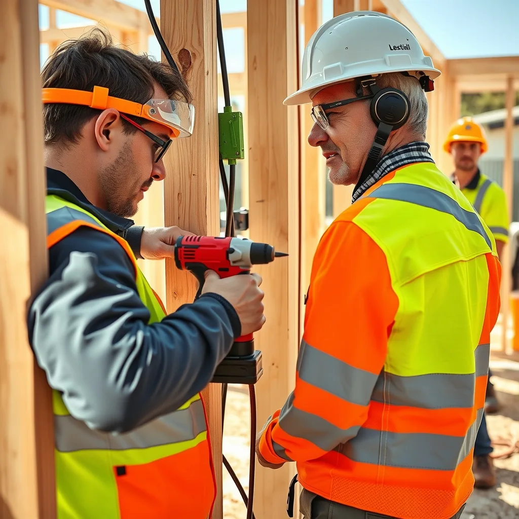 An apprentice electrician runs cable through timber wall studs during rough-in on a suburban house build while a qualified electrician supervises.