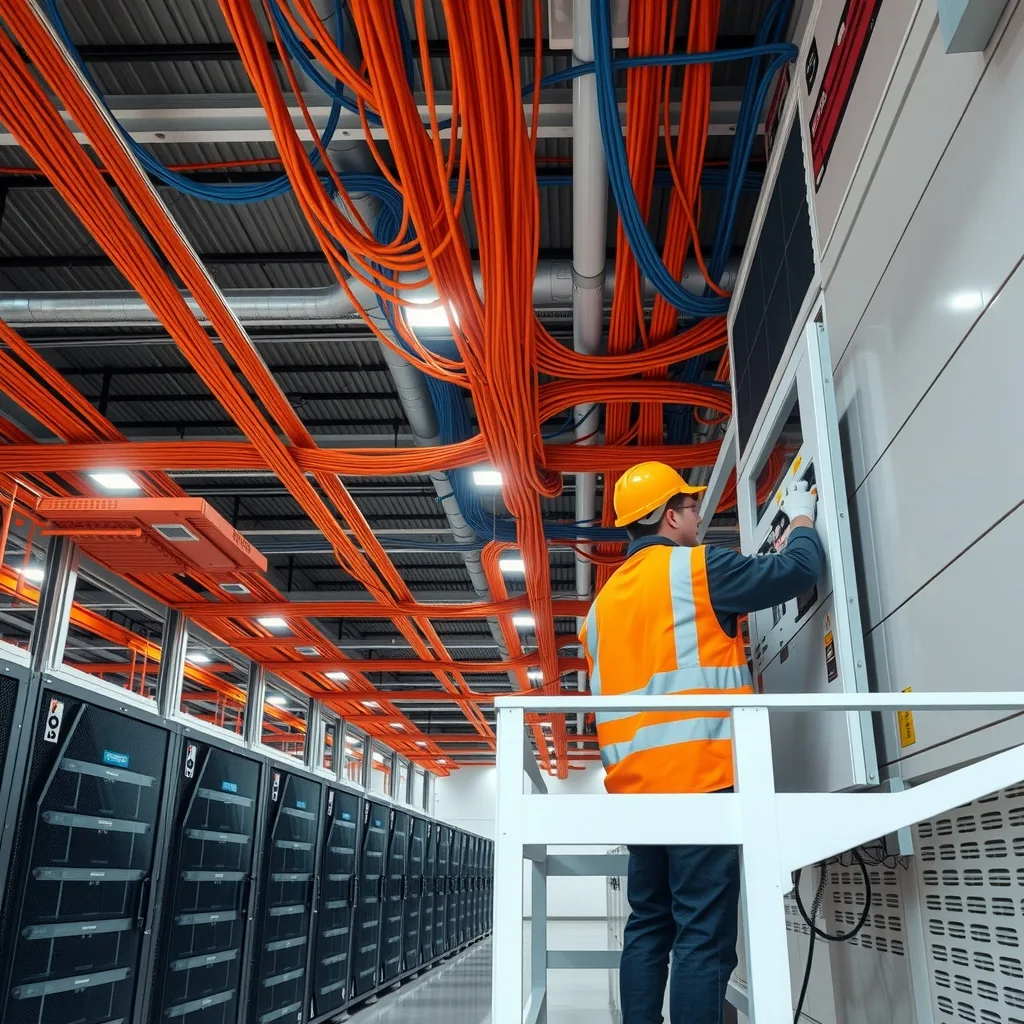 An electrician in hi-vis works on an open switchboard inside a large data centre under construction, with cable trays overhead and empty server racks behind.
