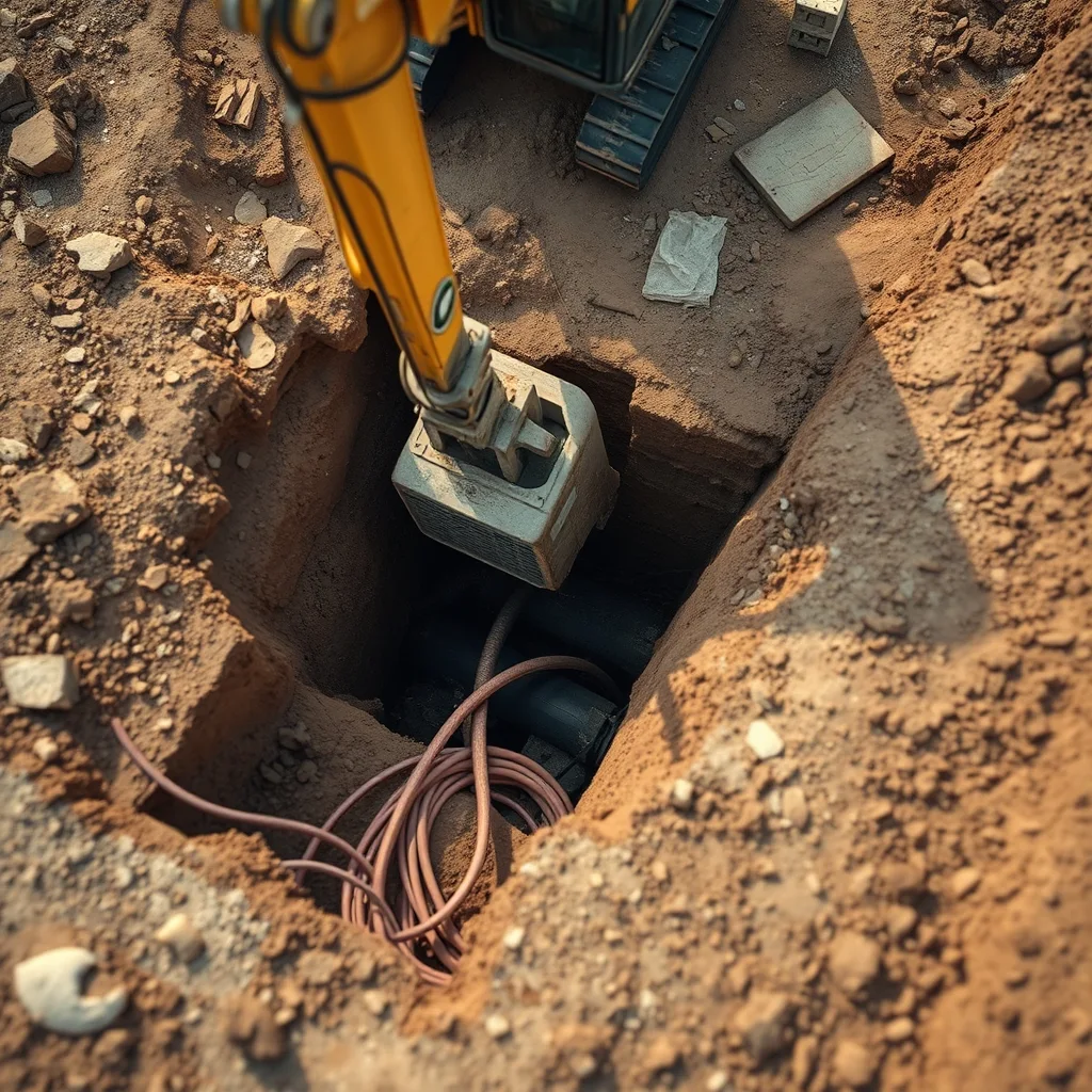 Aerial view of an excavation site showing exposed underground cables and pipes during construction work.