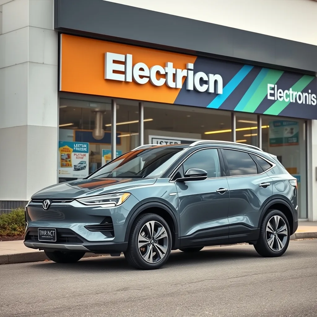 A sleek electric SUV parked in front of an Australian electronics retail storefront.
