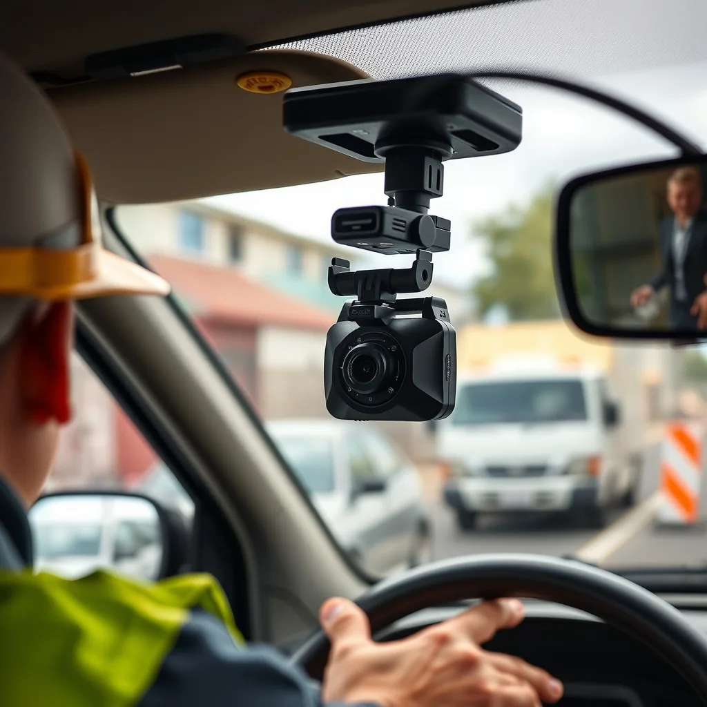 A dash camera mounted on the windscreen of a work vehicle