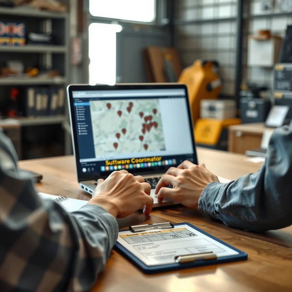 Laptop showing vehicle tracking map on a workshop office desk