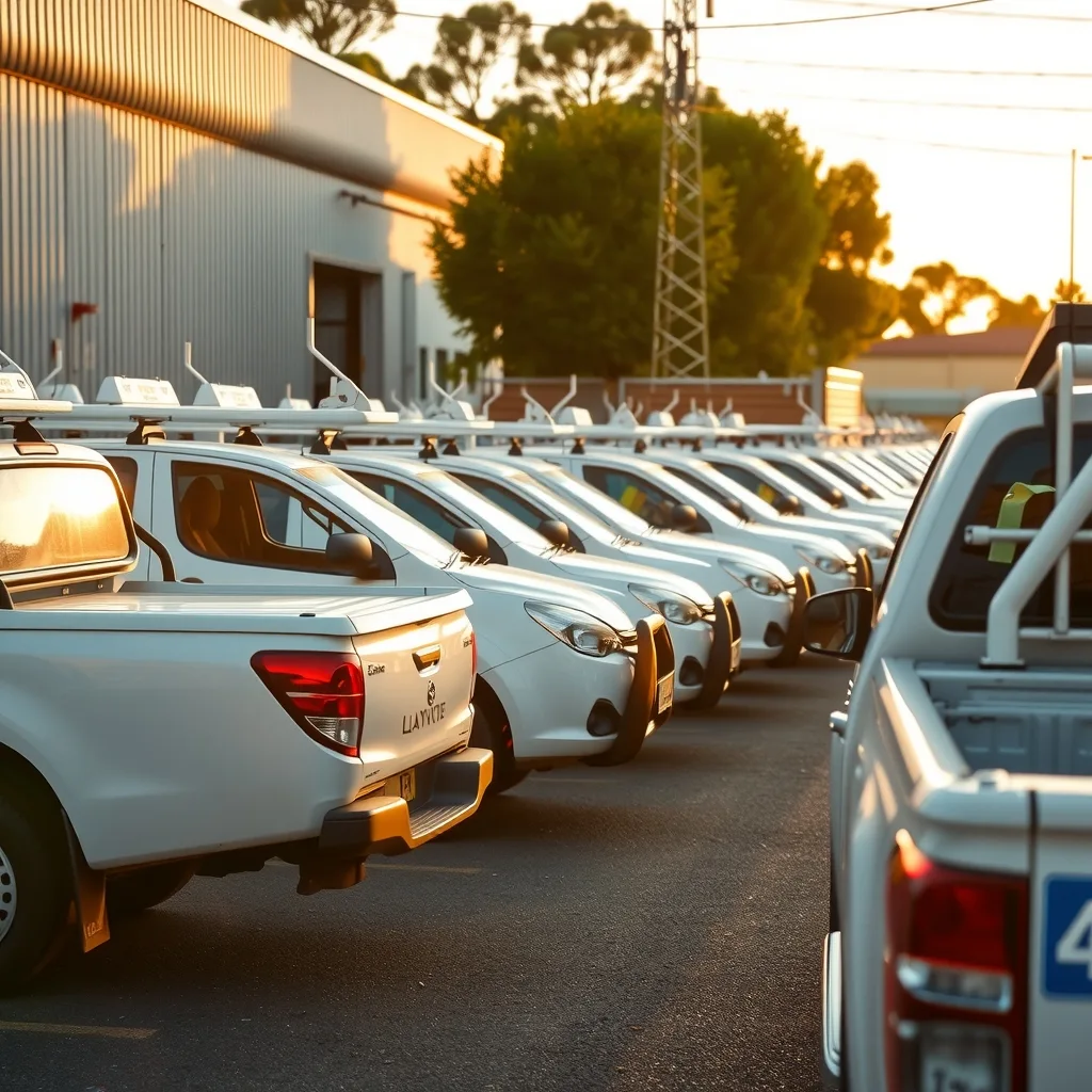 Work utes with roof racks parked in a depot yard at sunrise