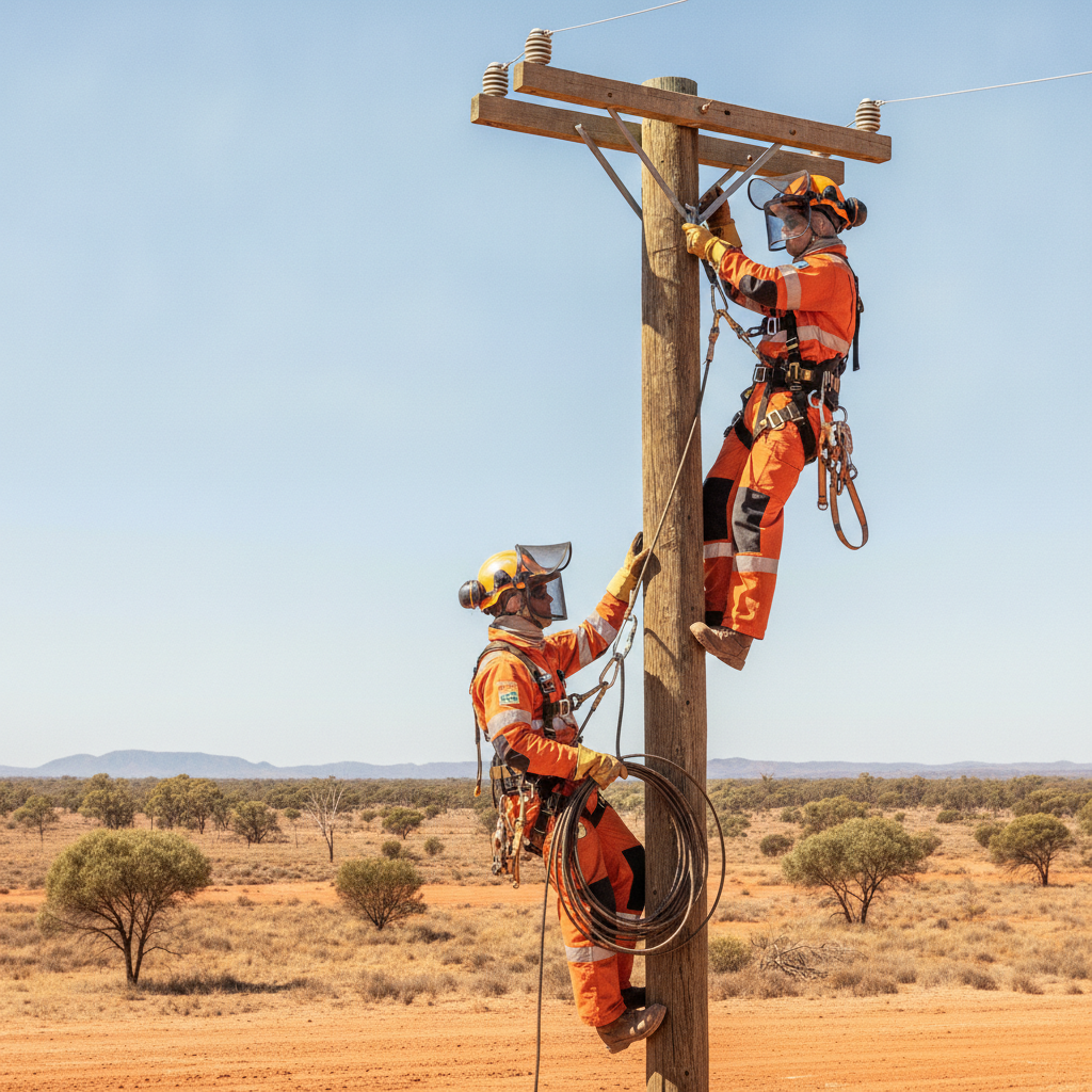 Electrical apprentices working on a power pole in Western Australia