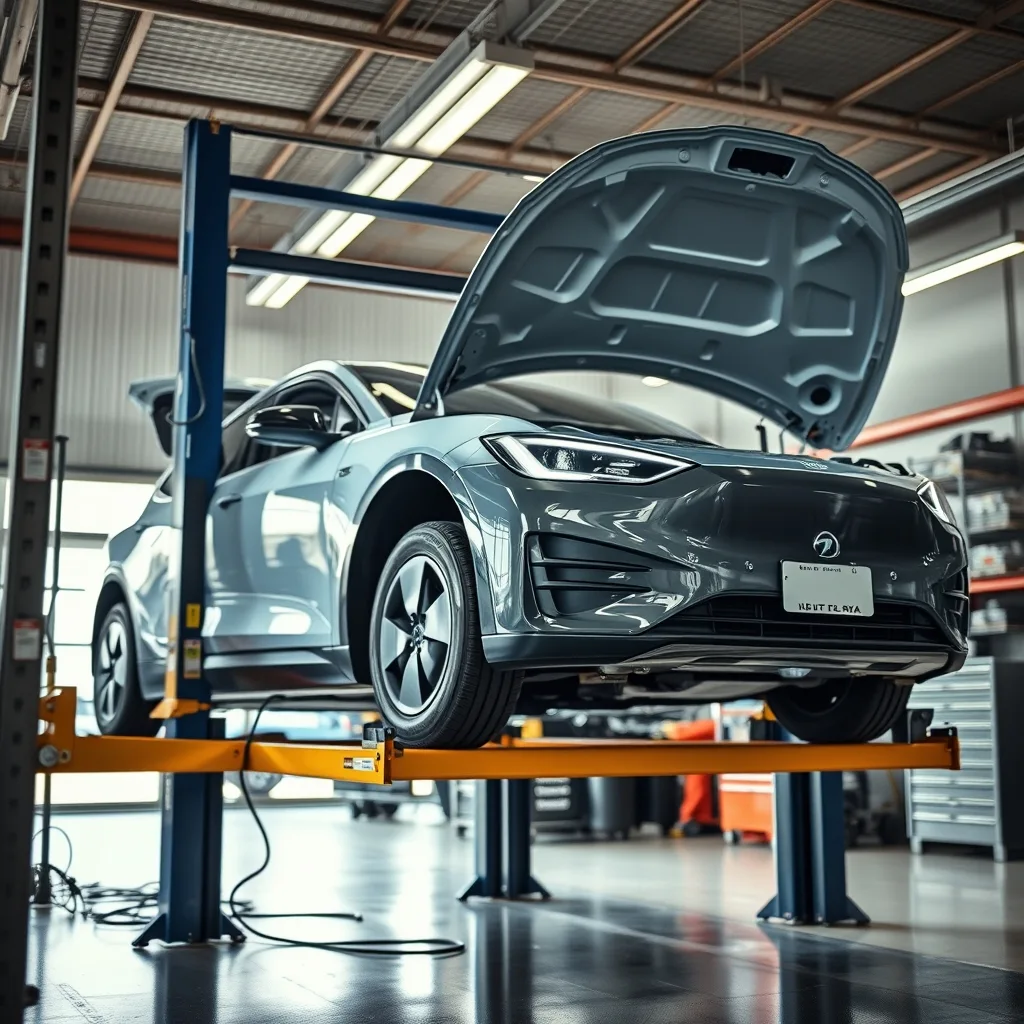 An electric vehicle on a workshop hoist with its bonnet open in a dealership service bay.