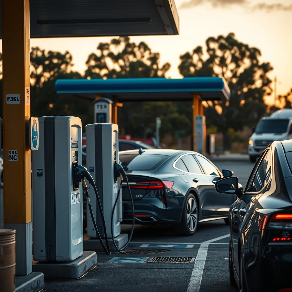 Cars charging at fast-charging bays at a regional Australian highway stop at dusk