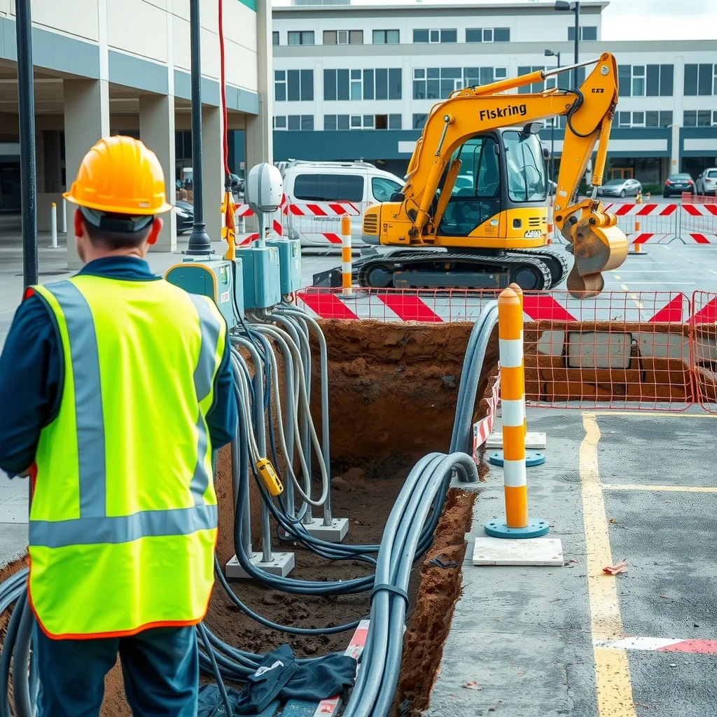 Contractors installing conduit and switchgear for charging bays in a commercial car park