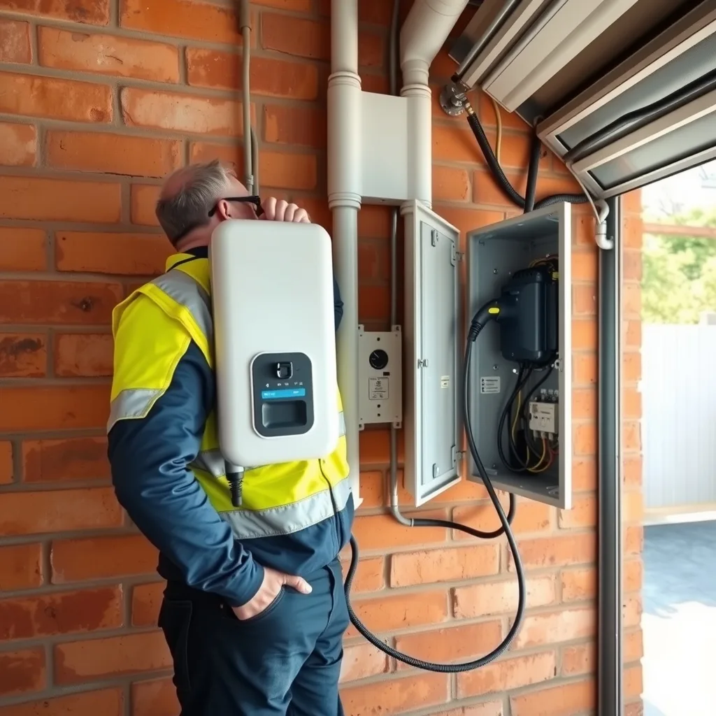 Electrician in hi-vis installing a wall-mounted electric vehicle charger in a suburban garage