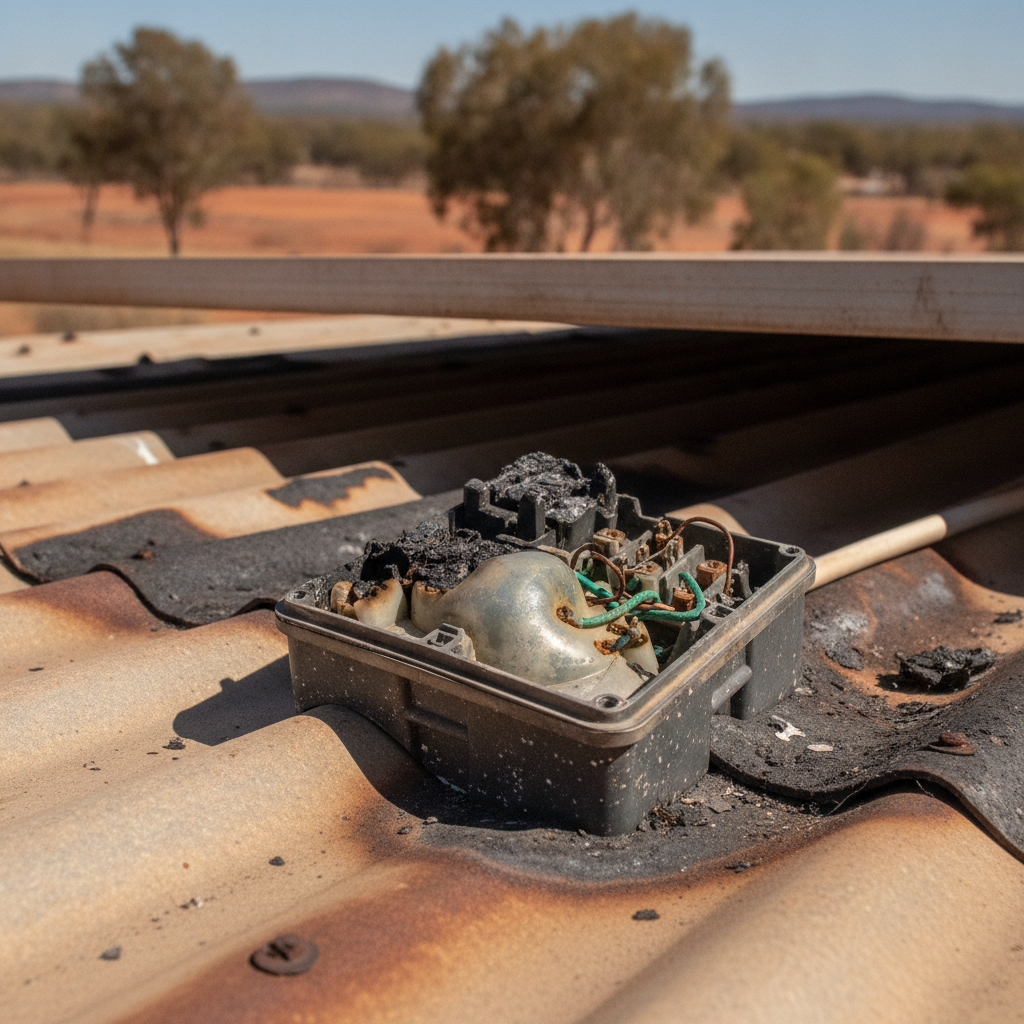 Corroded solar panel junction box with scorch marks showing fire risk