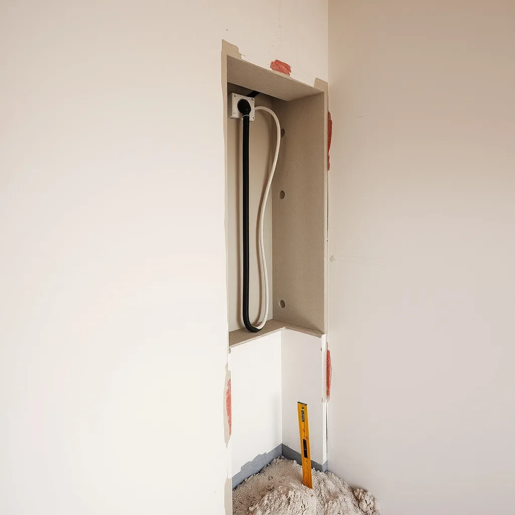 Penetrations for cables and an outlet box through plasterboard lining on a building site