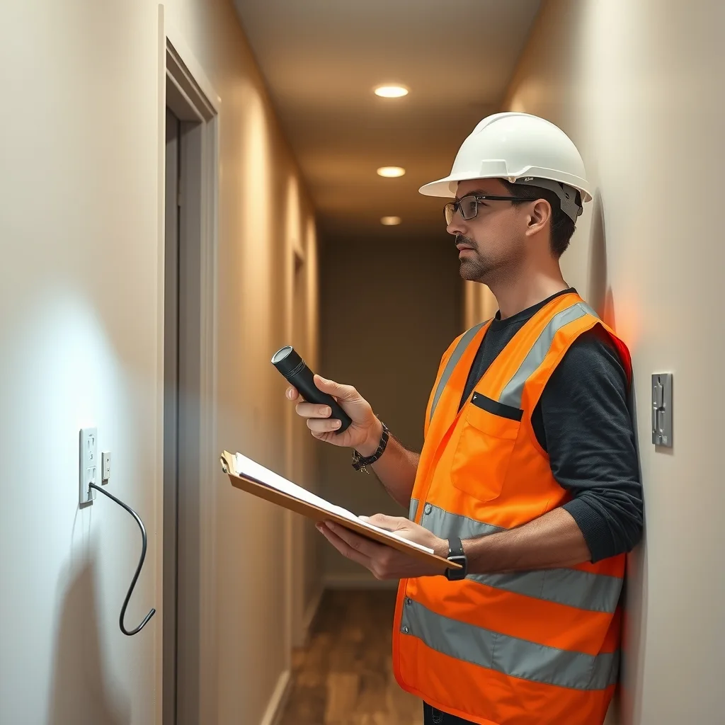 Inspector with clipboard checking a power point in a finished apartment corridor