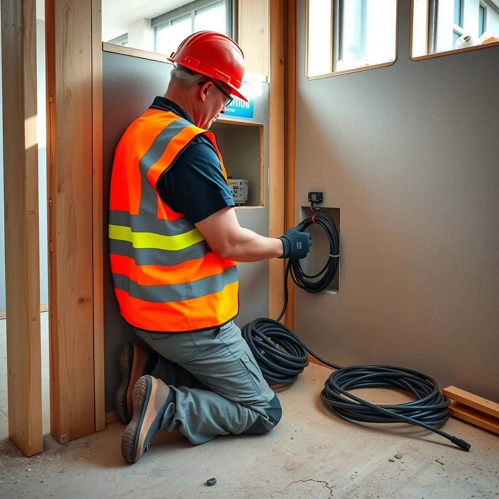 Electrician fitting a wall box into a cut-out in plasterboard lining on a commercial site