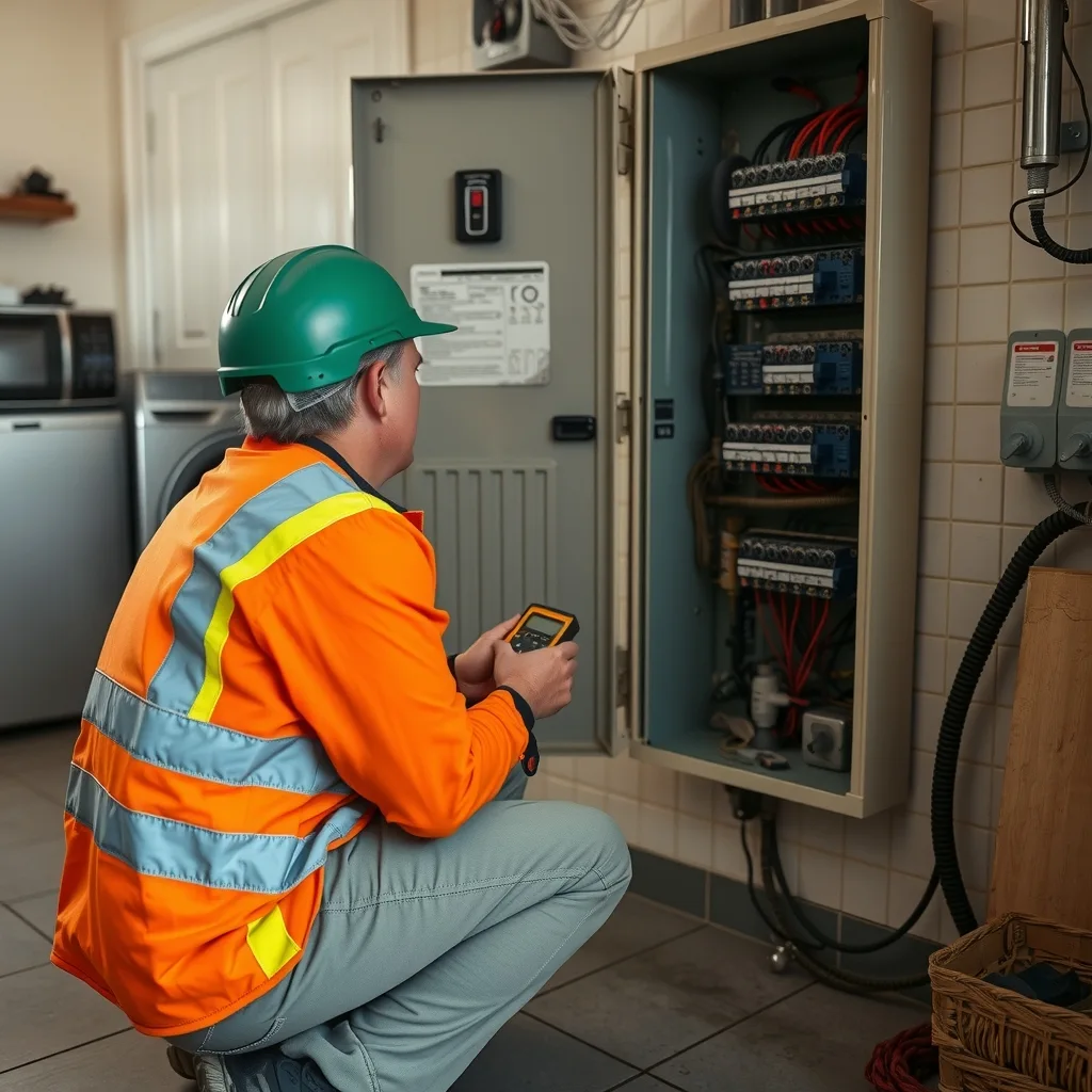An electrician testing circuits at an open residential switchboard