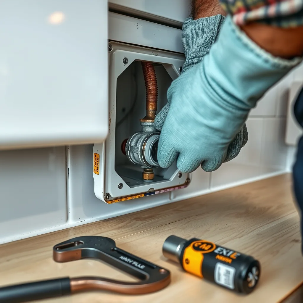 A gasfitter capping off a gas point behind a removed kitchen cooktop